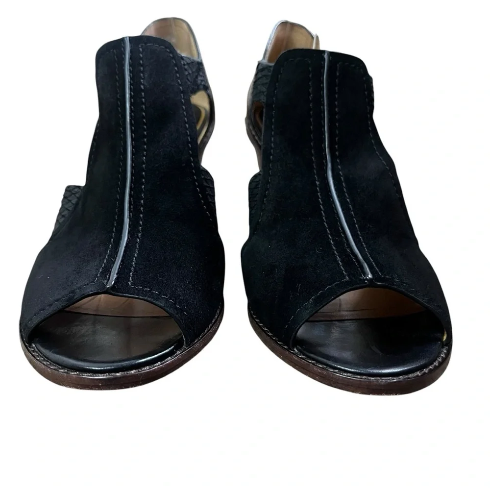 Trask black suede peep toe heels size 10